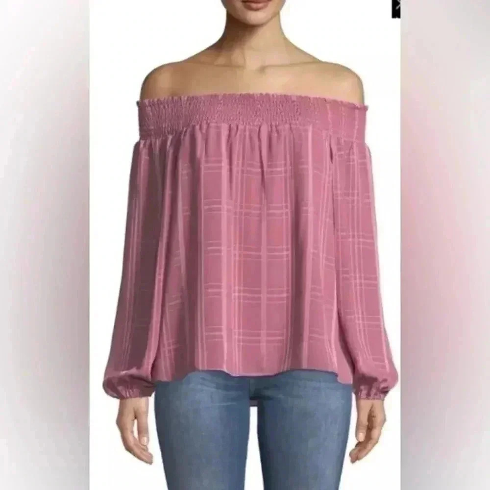 Parker | Classic Chic Pink Plaid Off The Shoulder Long Sleeve Blouse Size XS